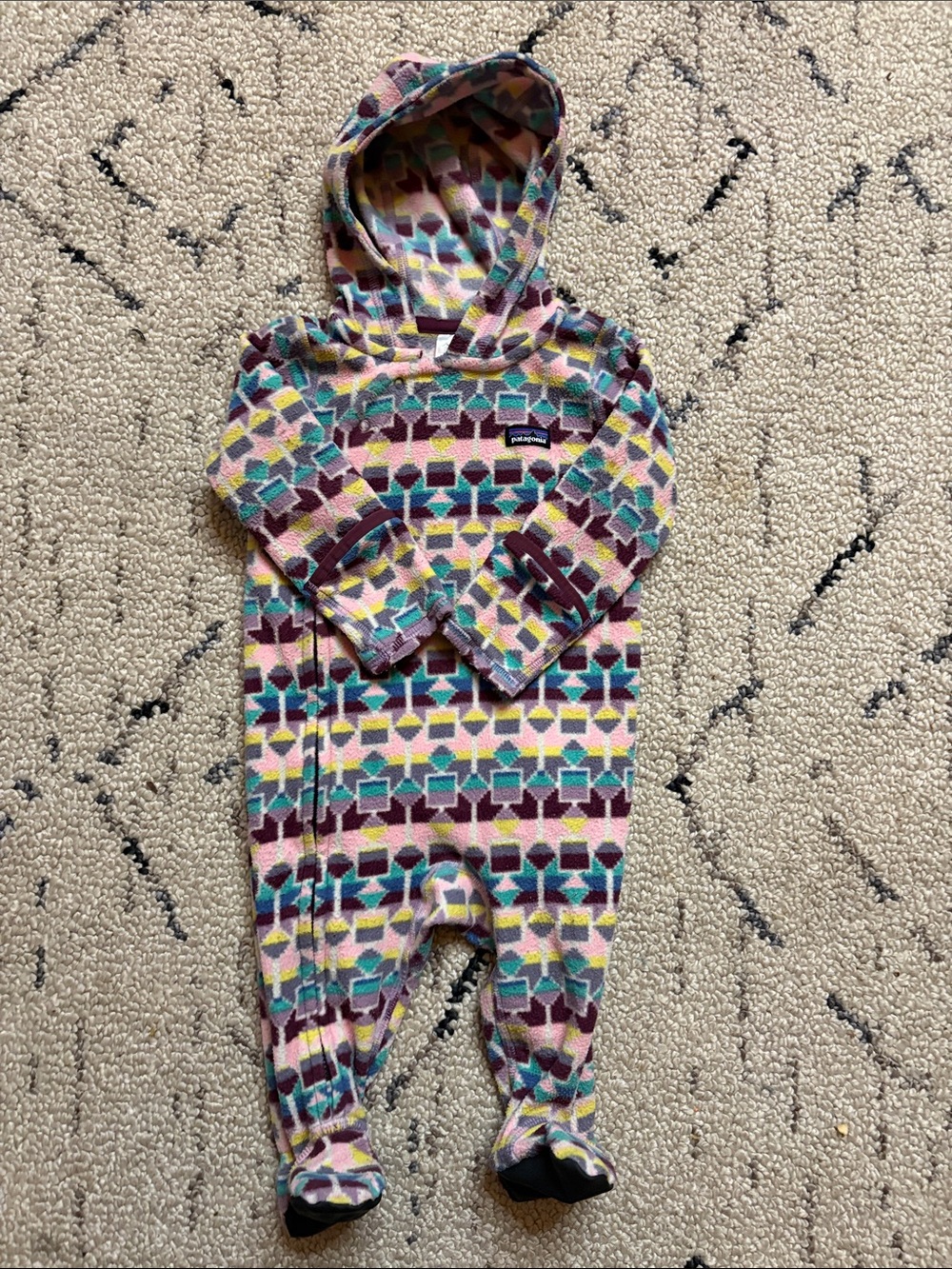 Patagonia Kids Pink Geometric Hooded Fleece Onesie 3-6 months